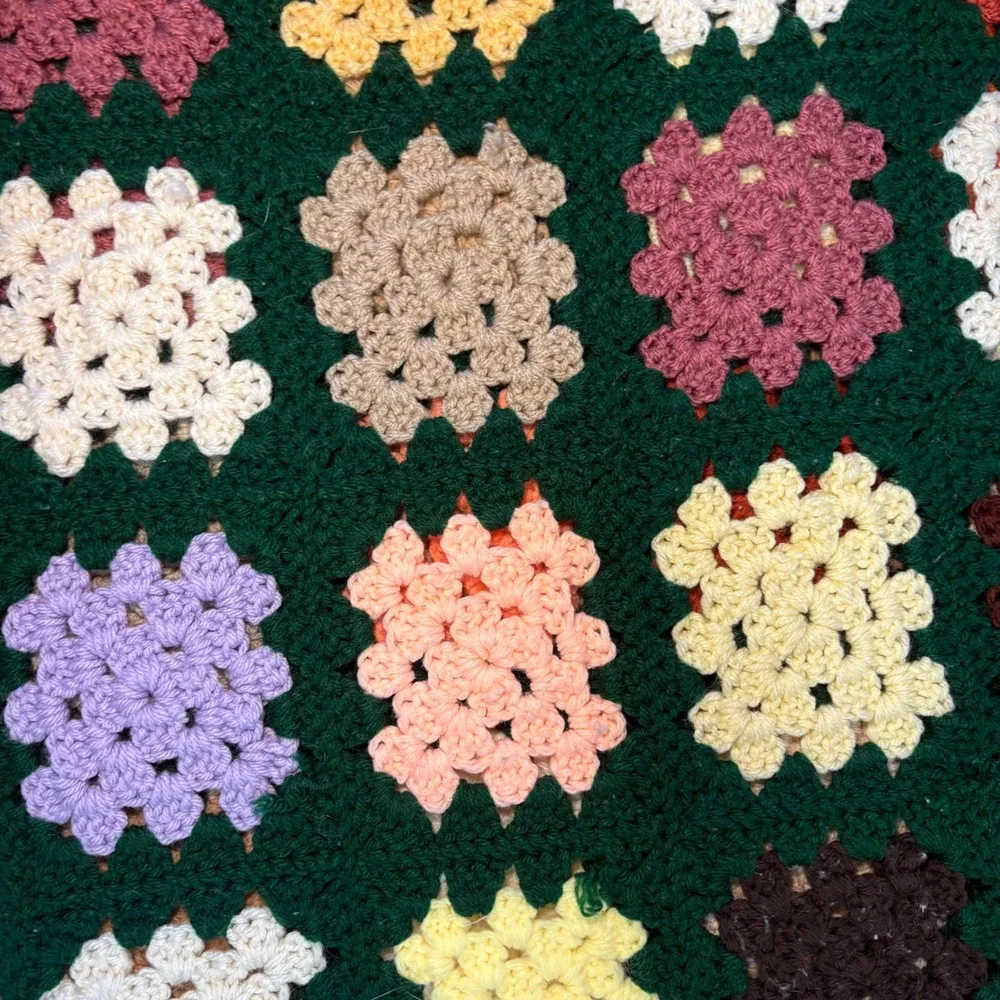 Handmade Crochet Granny Square Table Runner Green Multi Color Boho Vintage 70x19